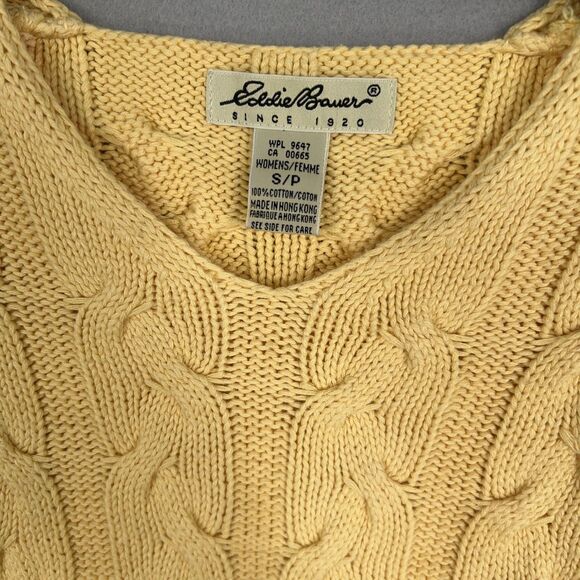 Vintage Eddie Bauer Sweater Womens Small Yellow Cable Knit Pullover Minimal Prep - Picture 4 of 12